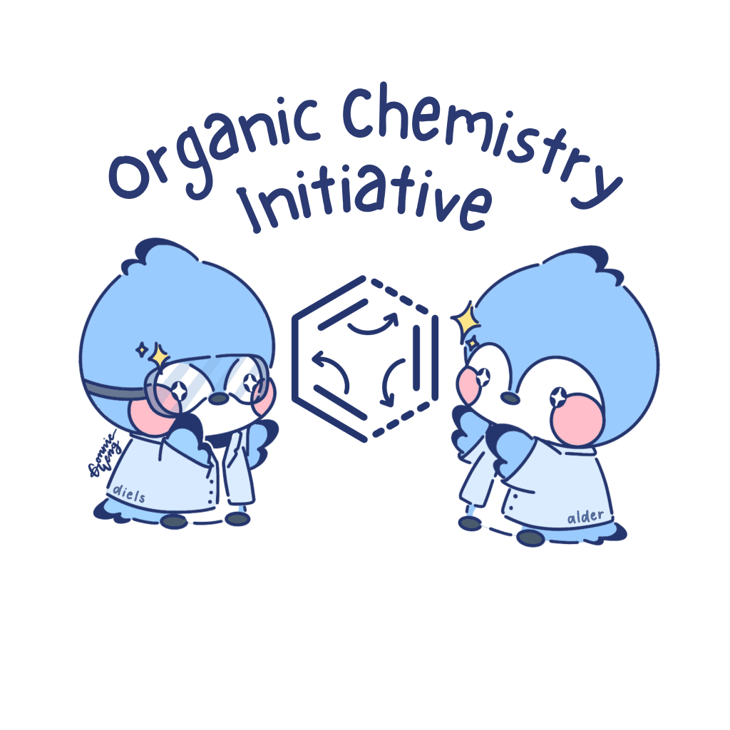 The organic chemistry initiative logo, two bluebirds wearing lab coats with the words "Organic Chemistry Initiative" above.